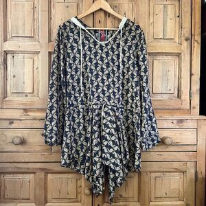 Women's Johnny Was Small Black Gold Dress Silk Tunic Cover Up Leaves Cinch Waist